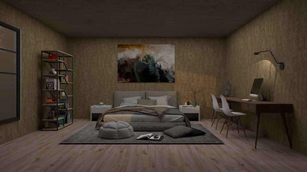 rendered model of a contemporary bedroom design