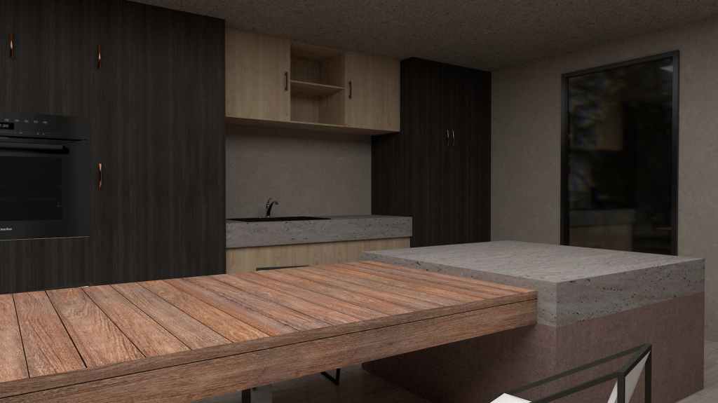 render model of a contemporary minimalist kitchen